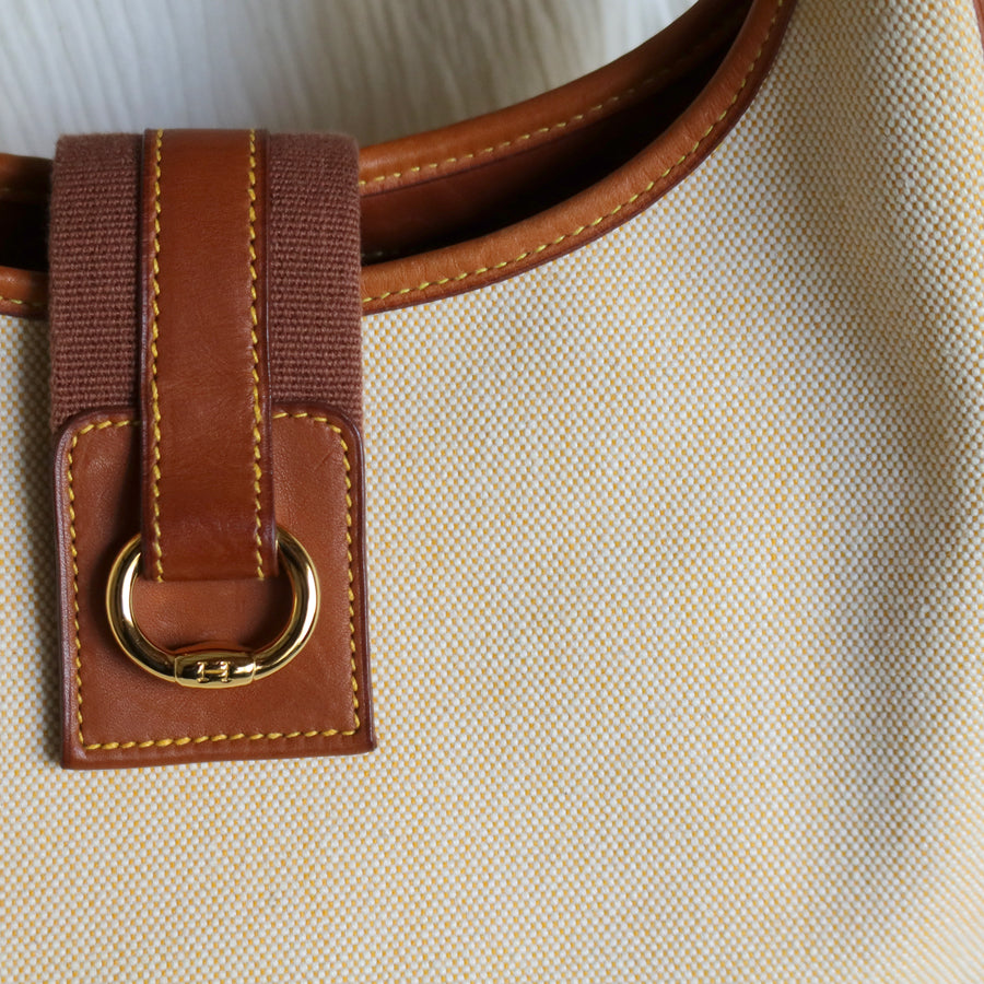 Hermès Vintage '80s Brown Leather Beige Toile Tsako Shoulder Bag
