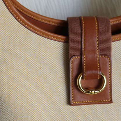 Hermès Vintage '80s Brown Leather Beige Toile Tsako Shoulder Bag