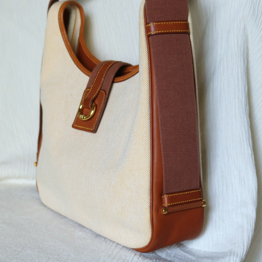 Hermès Vintage '80s Brown Leather Beige Toile Tsako Shoulder Bag
