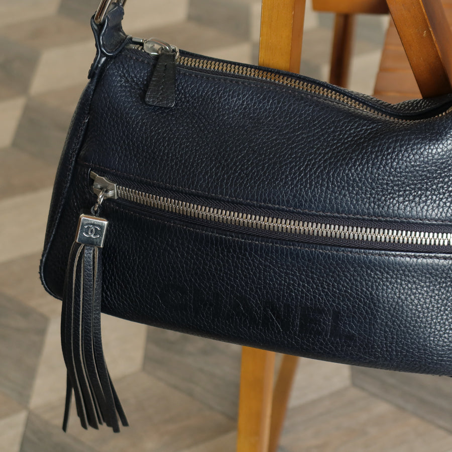 Chanel Vintage Black Grained Calfskin CC Charm Baguette Shoulder Bag