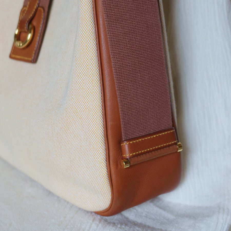 Hermès Vintage '80s Brown Leather Beige Toile Tsako Shoulder Bag