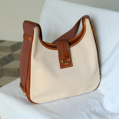 Hermès Vintage '80s Brown Leather Beige Toile Tsako Shoulder Bag