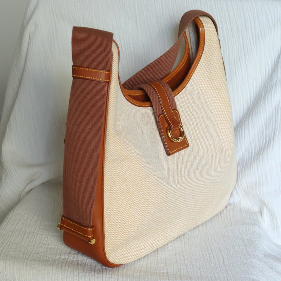 Hermès Vintage '80s Brown Leather Beige Toile Tsako Shoulder Bag