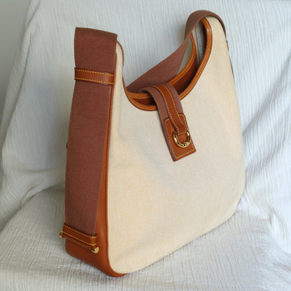 Hermès Vintage '80s Brown Leather Beige Toile Tsako Shoulder Bag