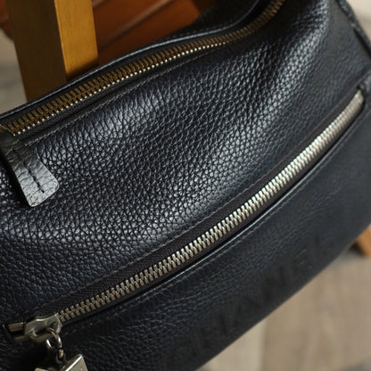 Chanel Vintage Black Grained Calfskin CC Charm Baguette Shoulder Bag