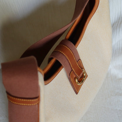 Hermès Vintage '80s Brown Leather Beige Toile Tsako Shoulder Bag