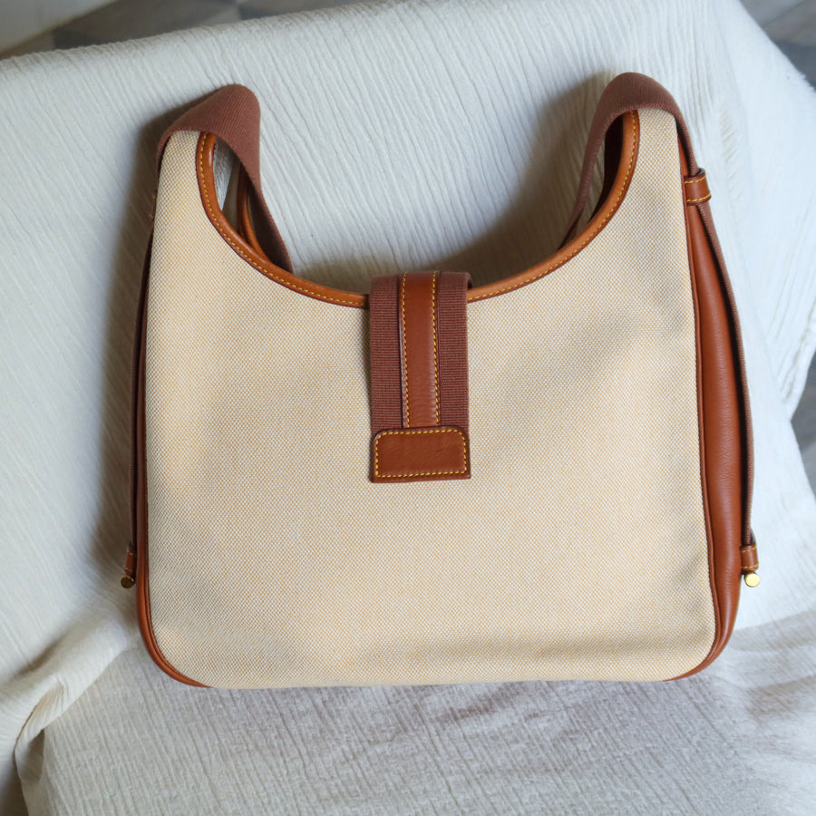Hermès Vintage '80s Brown Leather Beige Toile Tsako Shoulder Bag