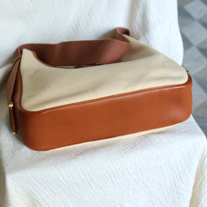 Hermès Vintage '80s Brown Leather Beige Toile Tsako Shoulder Bag