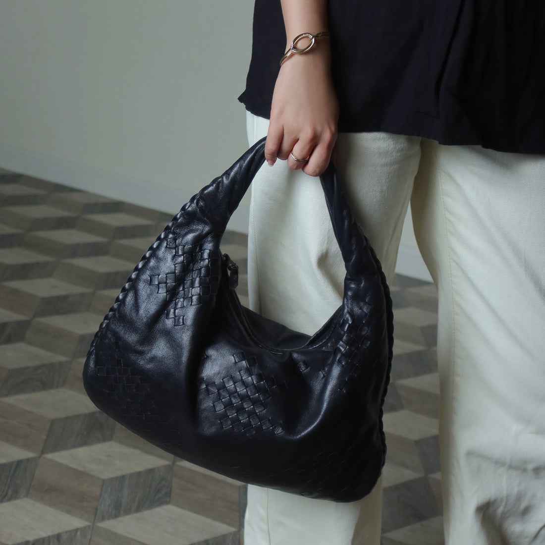 Bottega Veneta Vintage Black Patchy Intrecciato Weave Medium Hobo Shoulder Bag