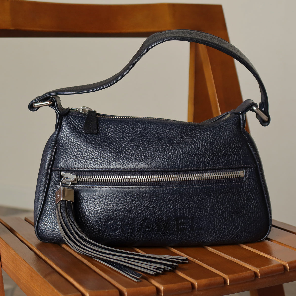 Chanel Vintage Black Grained Calfskin CC Charm Baguette Shoulder Bag