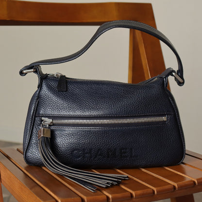 Chanel Vintage Black Grained Calfskin CC Charm Baguette Shoulder Bag