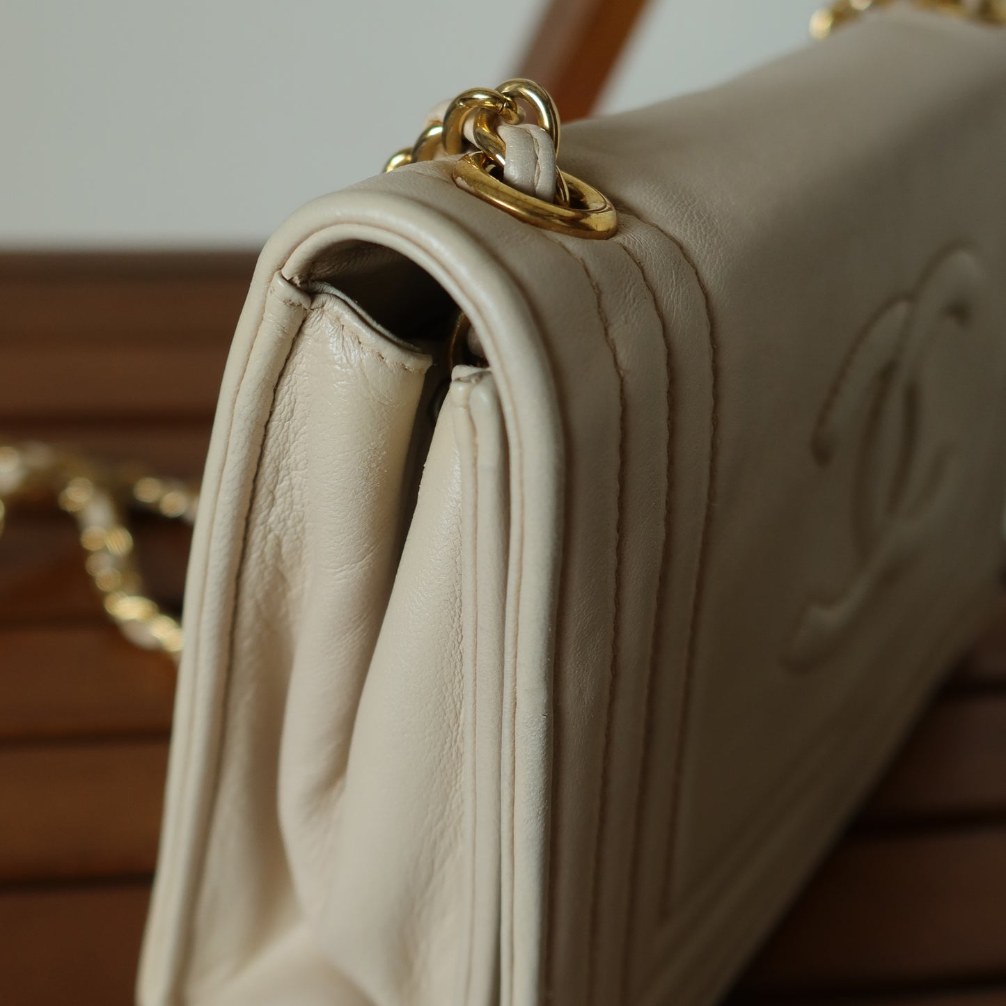 Chanel Vintage Double C logo Beige Lambskin Flap Bag