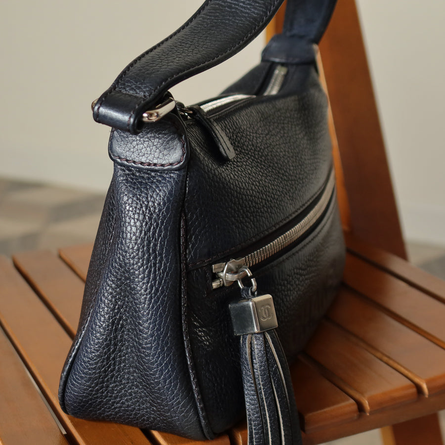 Chanel Vintage Black Grained Calfskin CC Charm Baguette Shoulder Bag