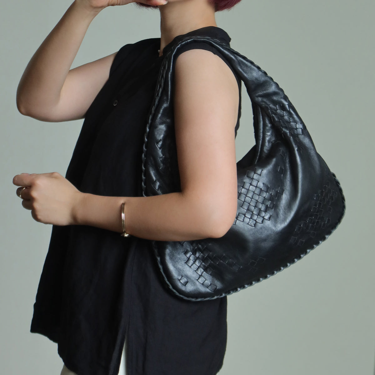 Bottega Veneta Vintage Black Patchy Intrecciato Weave Medium Hobo Shoulder Bag