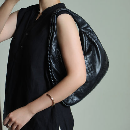 Bottega Veneta Vintage Black Patchy Intrecciato Weave Medium Hobo Shoulder Bag