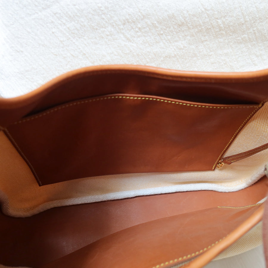 Hermès Vintage '80s Brown Leather Beige Toile Tsako Shoulder Bag