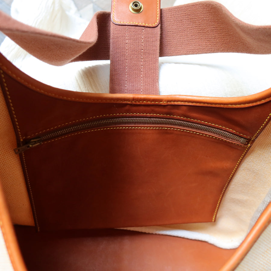 Hermès Vintage '80s Brown Leather Beige Toile Tsako Shoulder Bag