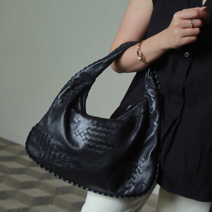 Bottega Veneta Vintage Black Patchy Intrecciato Weave Medium Hobo Shoulder Bag