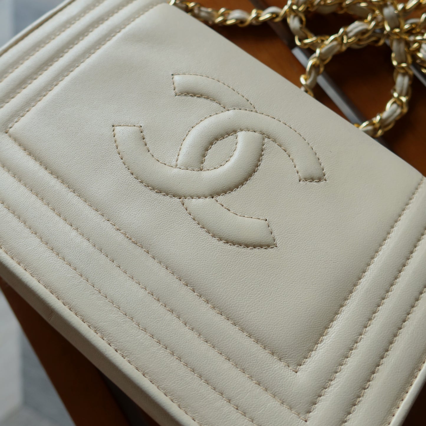 Chanel Vintage Double C logo Beige Lambskin Flap Bag