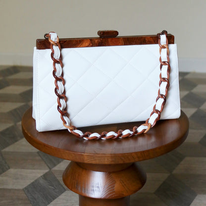 Rare Chanel Vintage White Quilted Leather Wood Link Chain Kiss Lock Shoulder Bag