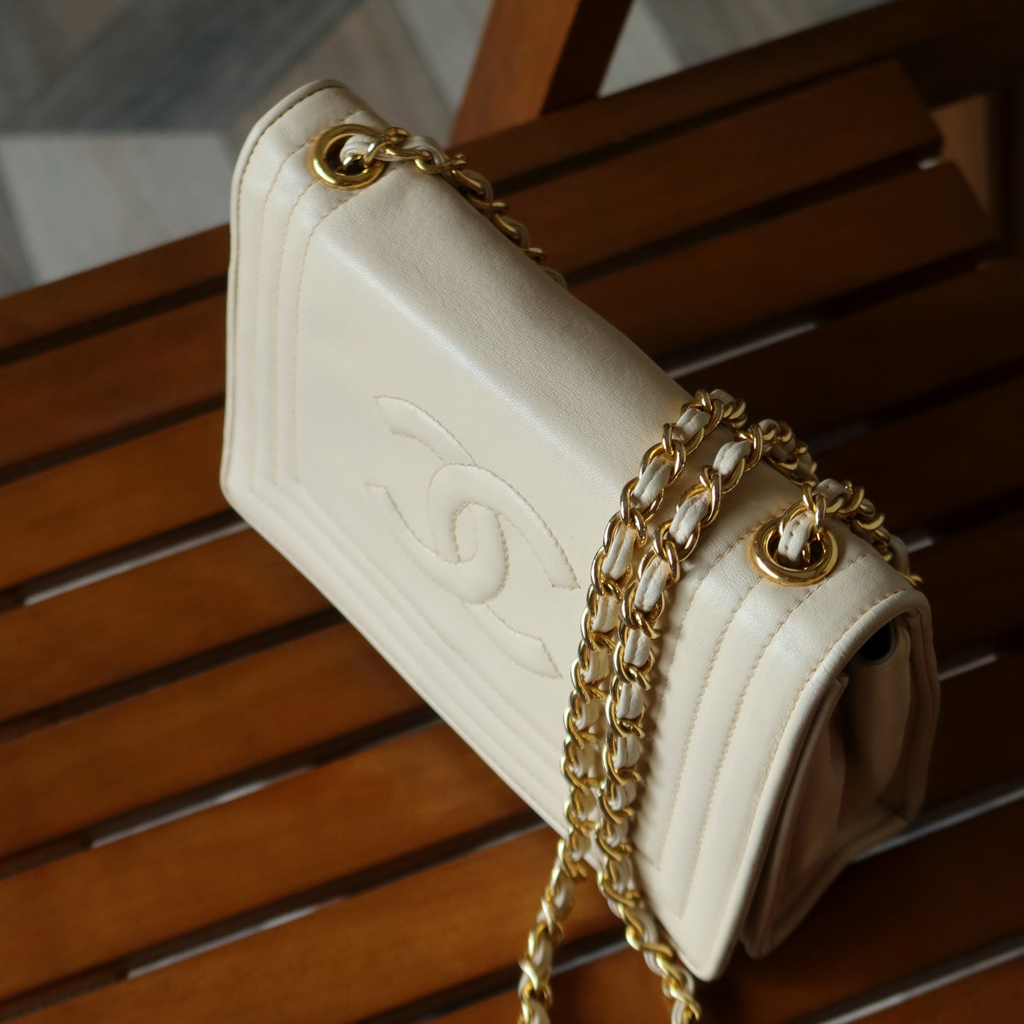 Chanel Vintage Double C logo Beige Lambskin Flap Bag