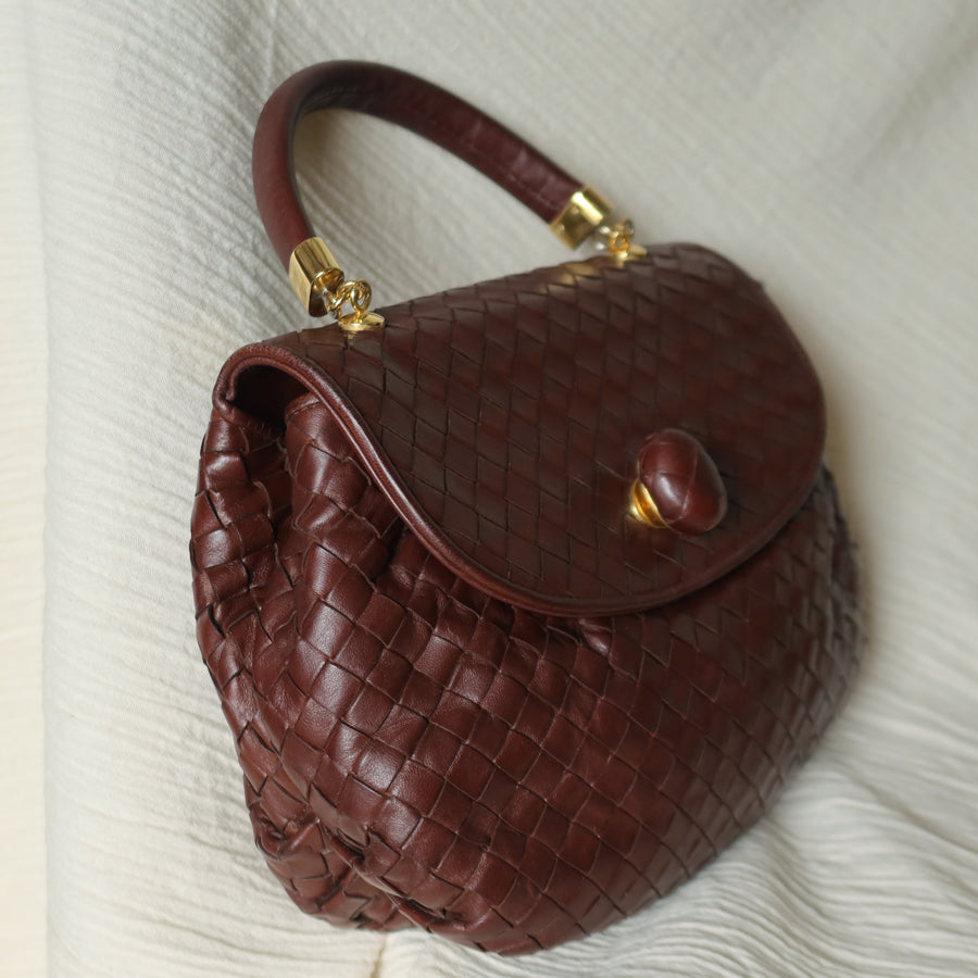 Bottega Veneta Vintage Dark Brown Intrecciato Weave Turn Lock 2way Shoulder Bag