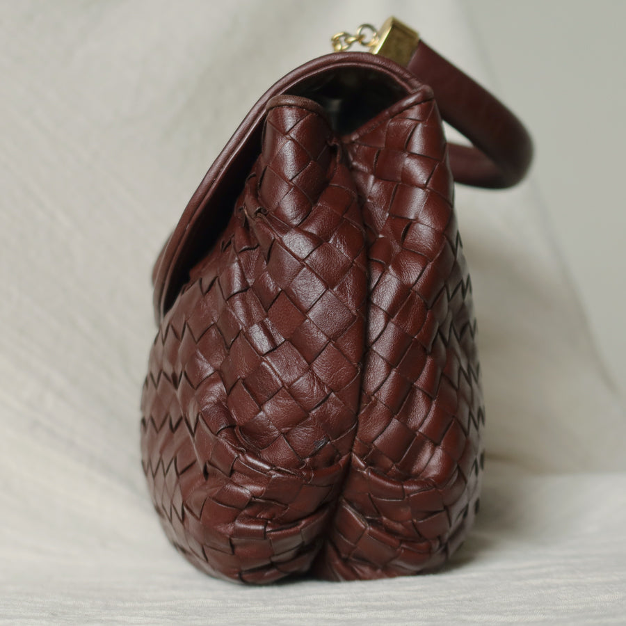 Bottega Veneta Vintage Dark Brown Intrecciato Weave Turn Lock 2way Shoulder Bag