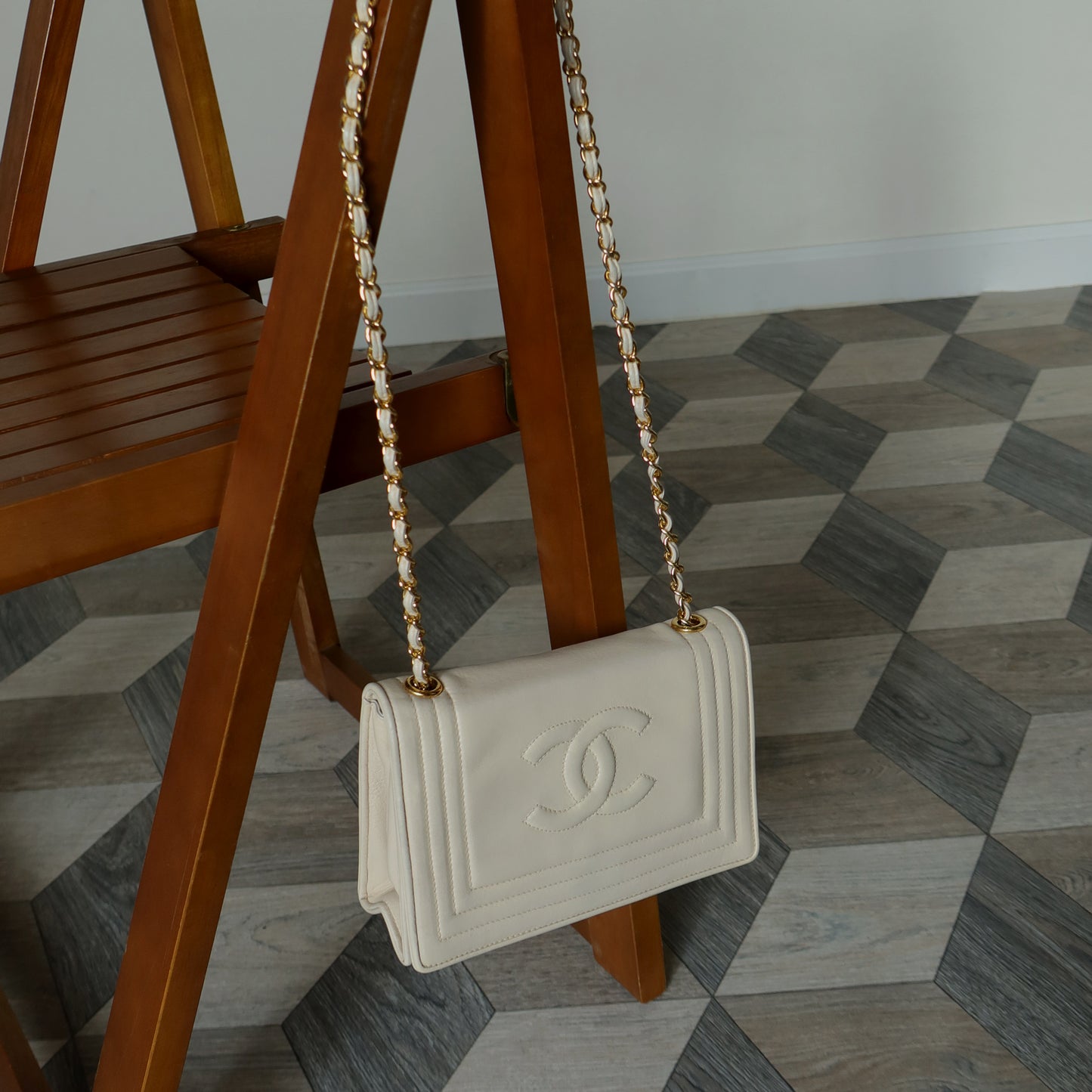Chanel Vintage Double C logo Beige Lambskin Flap Bag
