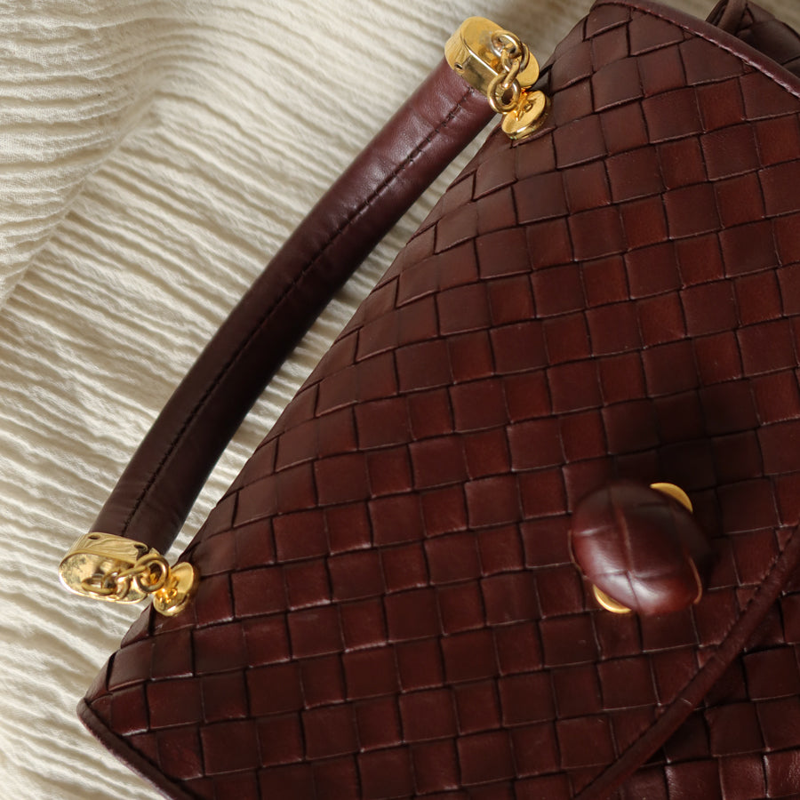Bottega Veneta Vintage Dark Brown Intrecciato Weave Turn Lock 2way Shoulder Bag