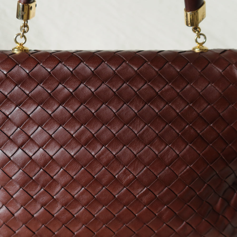 Bottega Veneta Vintage Dark Brown Intrecciato Weave Turn Lock 2way Shoulder Bag
