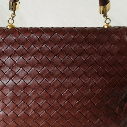 Bottega Veneta Vintage Dark Brown Intrecciato Weave Turn Lock 2way Shoulder Bag