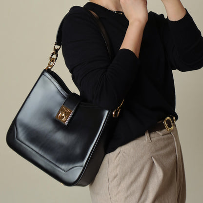 Celine Vintage Classic Black Gancini Gold Buckle Shoulder Bag