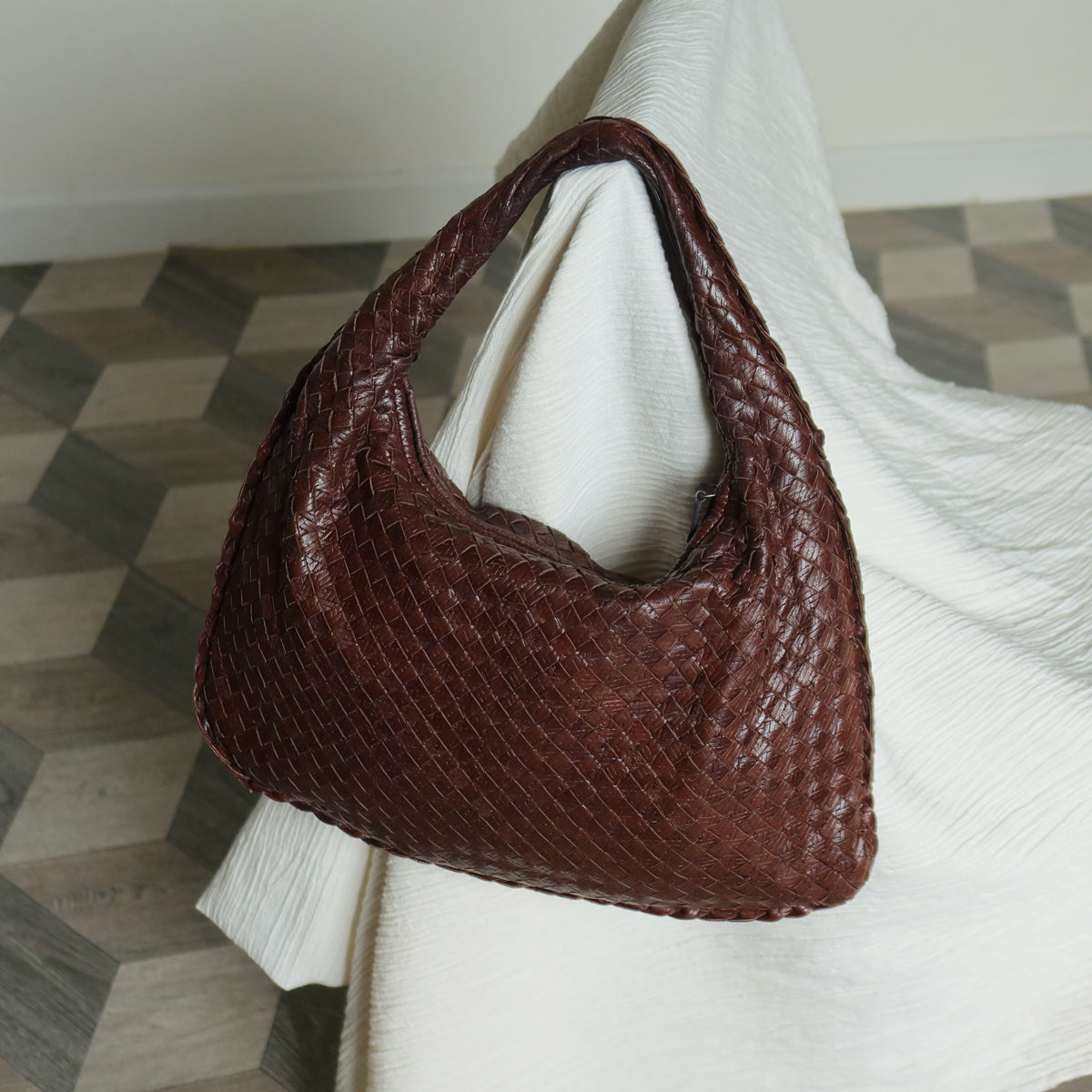 Bottega Veneta Vintage Dark Brown Double Intrecciato Weave Ebano Hobo Shoulder Bag