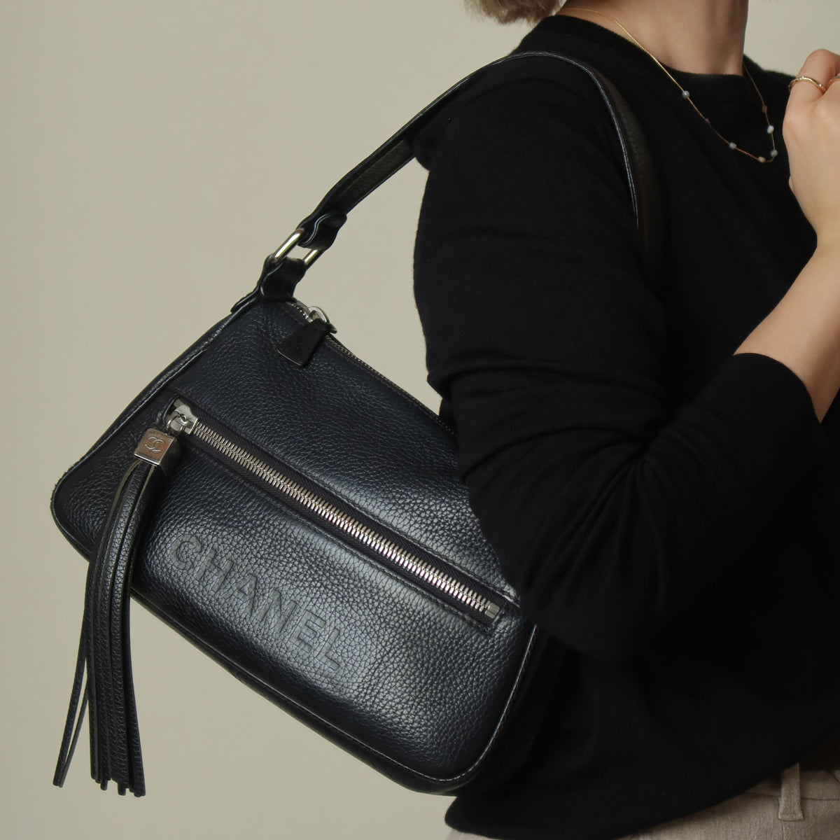 Chanel Vintage Black Grained Calfskin CC Charm Baguette Shoulder Bag