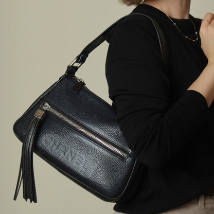 Chanel Vintage Black Grained Calfskin CC Charm Baguette Shoulder Bag