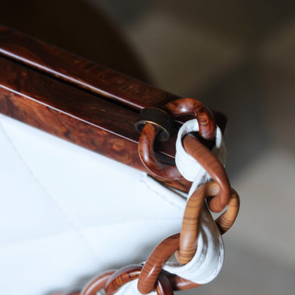 Rare Chanel Vintage White Quilted Leather Wood Link Chain Kiss Lock Shoulder Bag