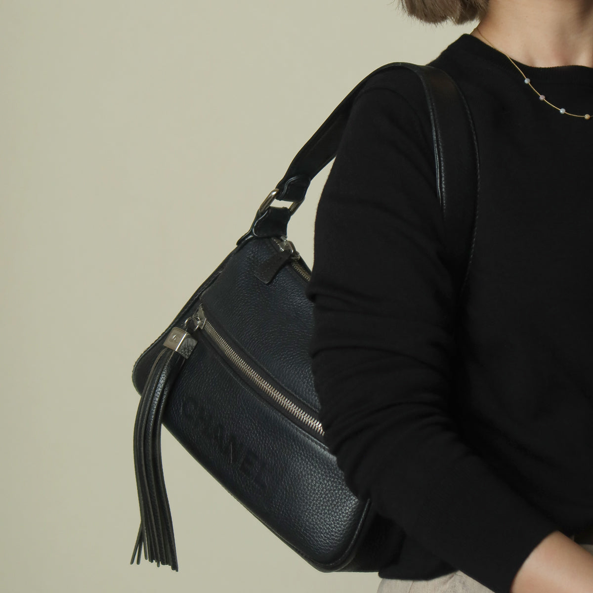 Chanel Vintage Black Grained Calfskin CC Charm Baguette Shoulder Bag