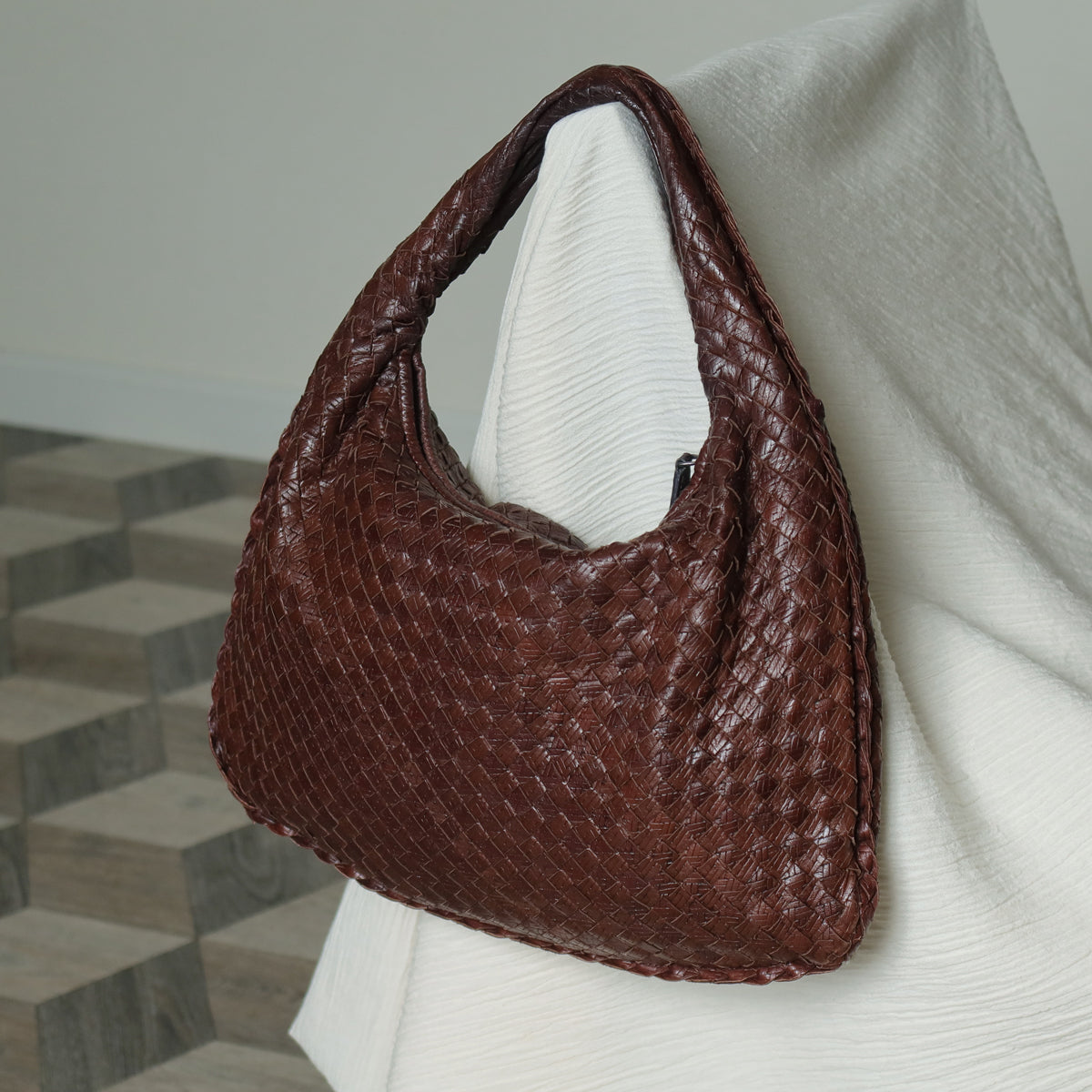 Bottega Veneta Vintage Dark Brown Double Intrecciato Weave Ebano Hobo Shoulder Bag
