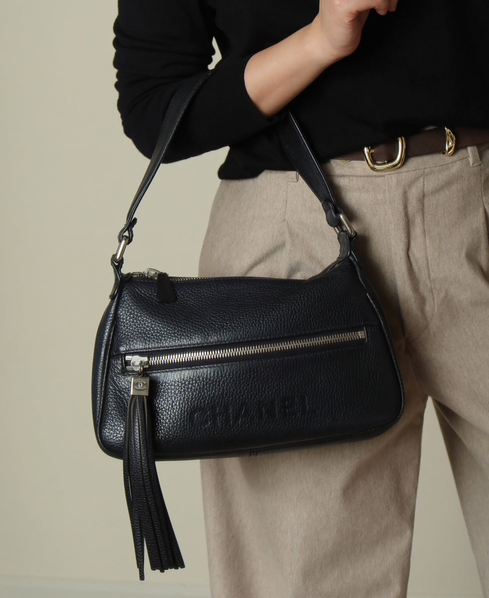 Chanel Vintage Black Grained Calfskin CC Charm Baguette Shoulder Bag