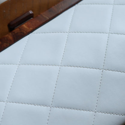 Rare Chanel Vintage White Quilted Leather Wood Link Chain Kiss Lock Shoulder Bag