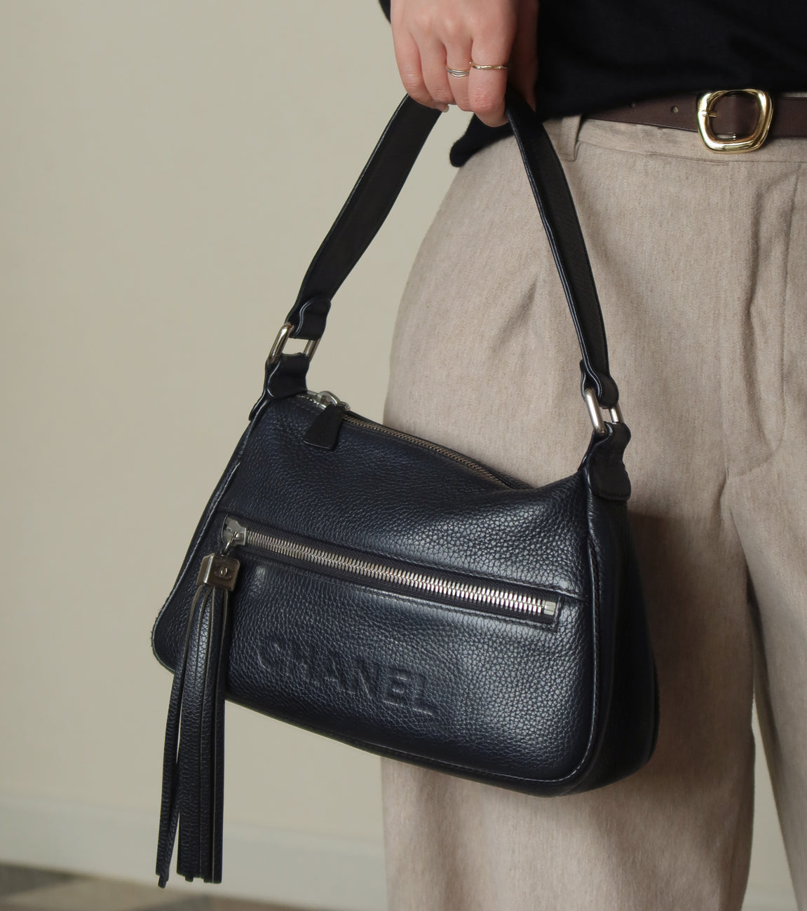 Chanel Vintage Black Grained Calfskin CC Charm Baguette Shoulder Bag