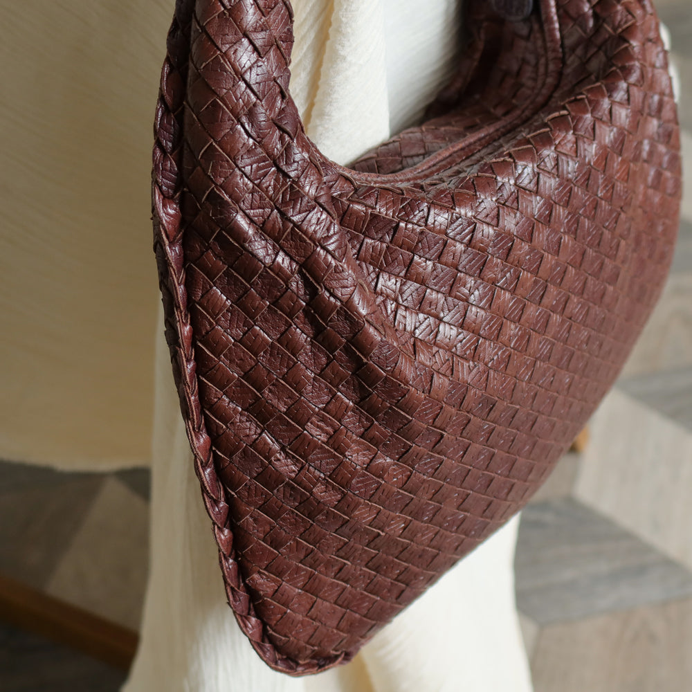 Bottega Veneta Vintage Dark Brown Double Intrecciato Weave Ebano Hobo Shoulder Bag