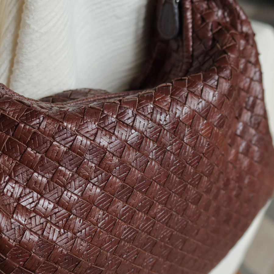 Bottega Veneta Vintage Dark Brown Double Intrecciato Weave Ebano Hobo Shoulder Bag