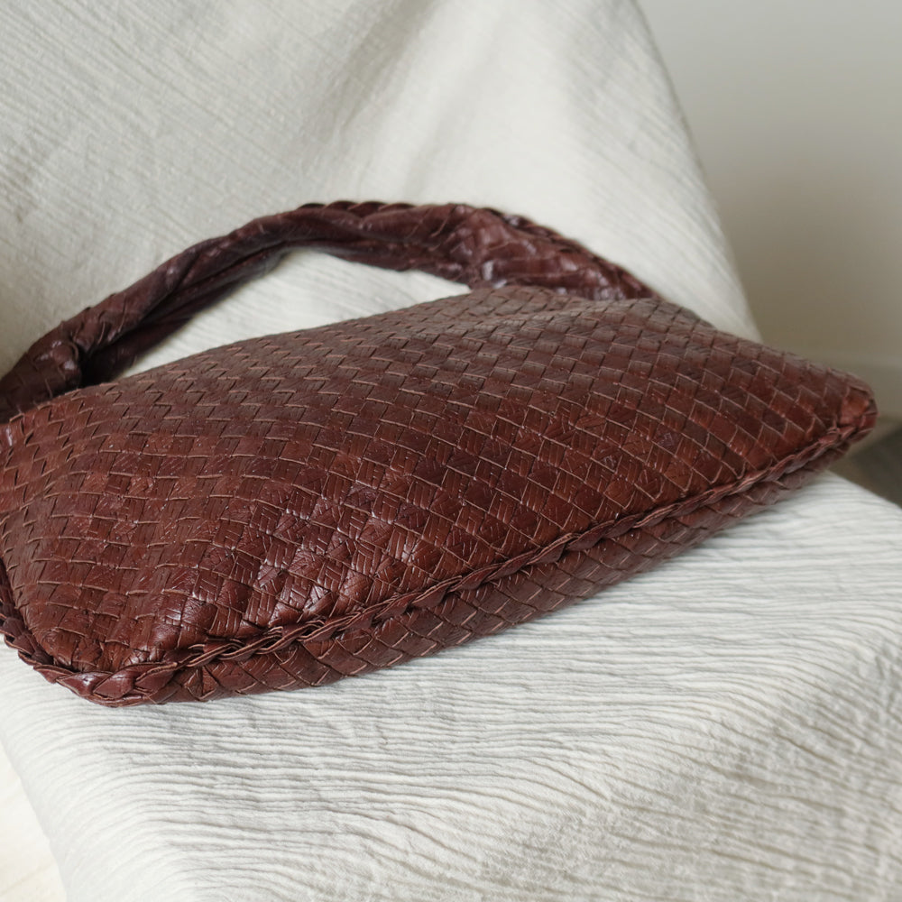 Bottega Veneta Vintage Dark Brown Double Intrecciato Weave Ebano Hobo Shoulder Bag