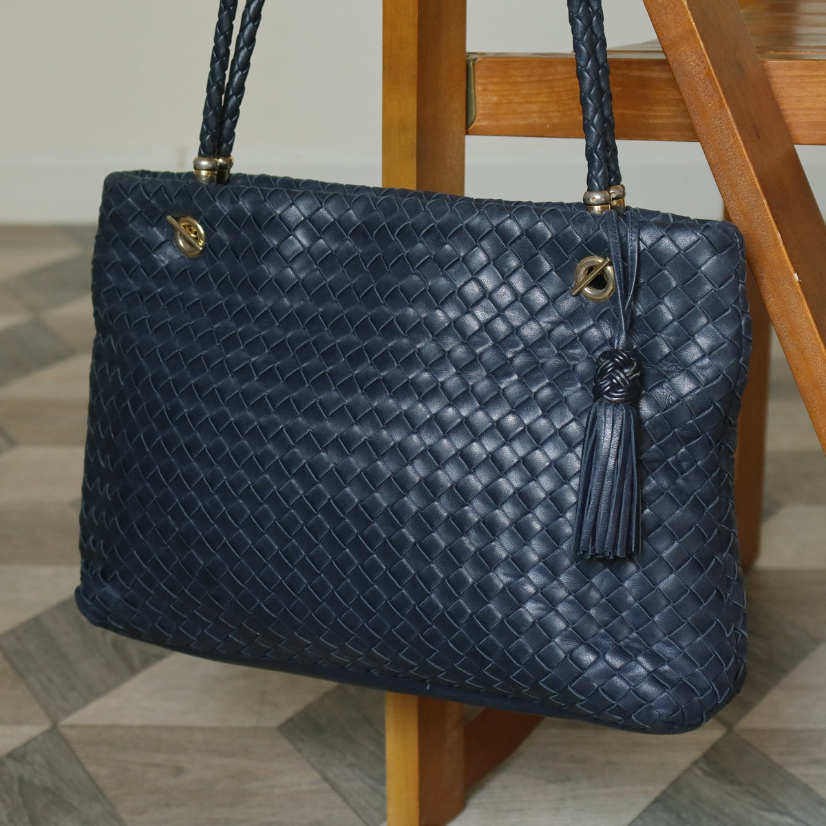 Bottega Veneta Vintage Light Navy Blue Intrecciato Leather Braided Strap Shoulder Bag