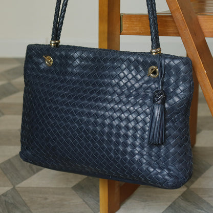 Bottega Veneta Vintage Light Navy Blue Intrecciato Leather Braided Strap Shoulder Bag