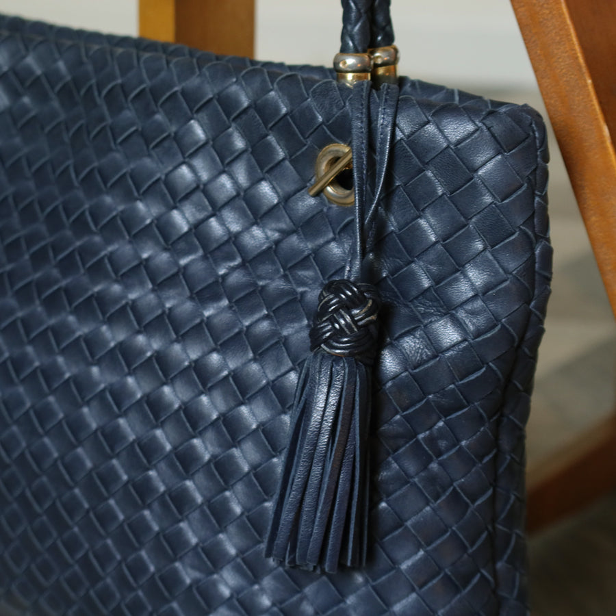 Bottega Veneta Vintage Light Navy Blue Intrecciato Leather Braided Strap Shoulder Bag
