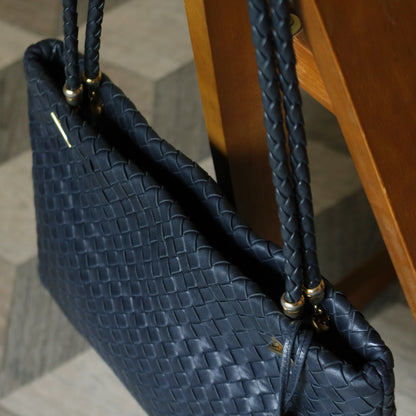 Bottega Veneta Vintage Light Navy Blue Intrecciato Leather Braided Strap Shoulder Bag