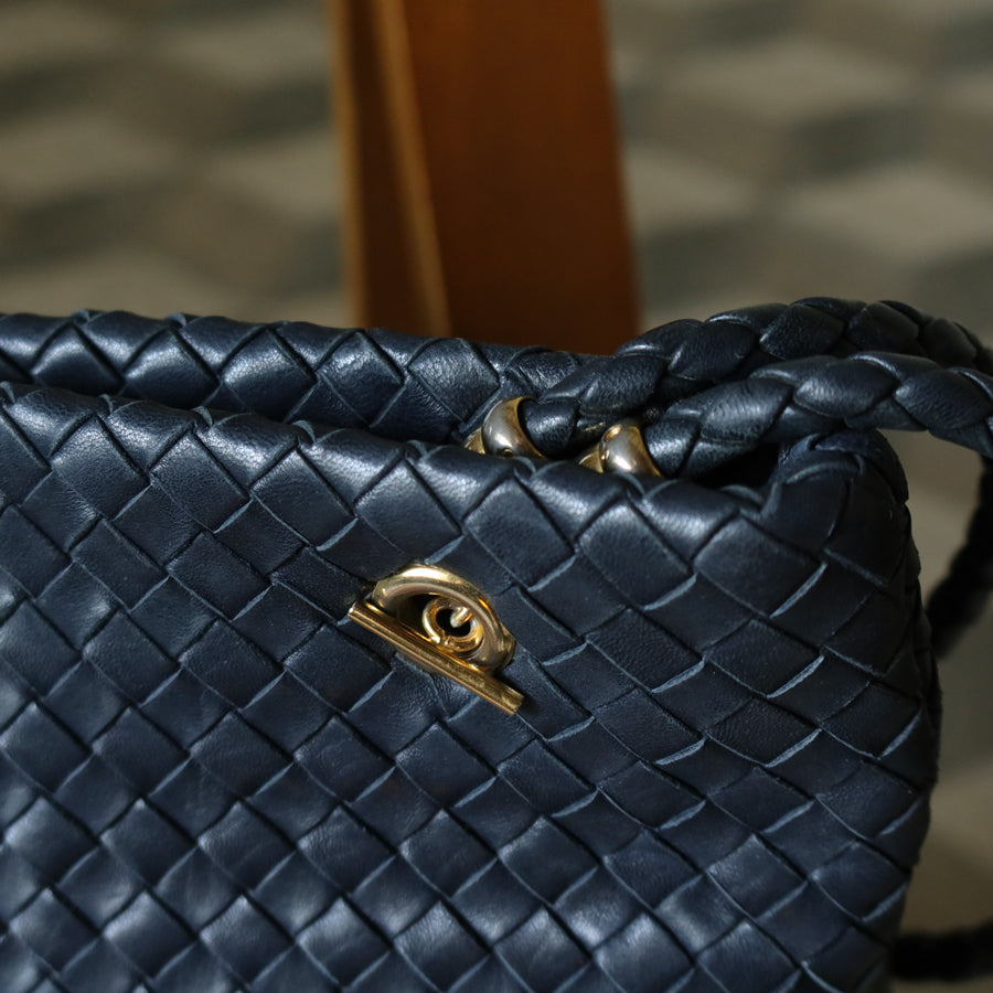 Bottega Veneta Vintage Light Navy Blue Intrecciato Leather Braided Strap Shoulder Bag