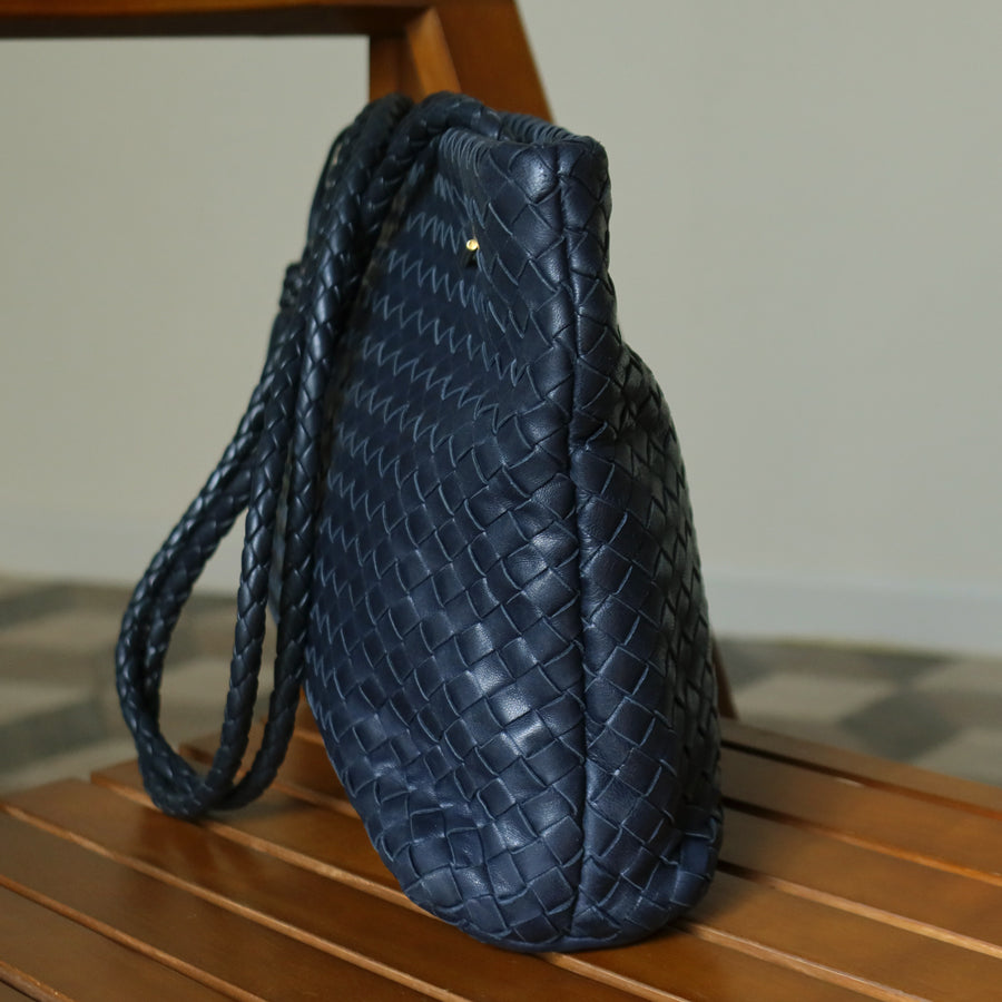 Bottega Veneta Vintage Light Navy Blue Intrecciato Leather Braided Strap Shoulder Bag